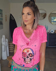 Tee-shirt skull rose fluo