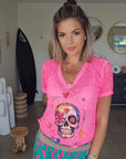 Tee-shirt skull rose fluo