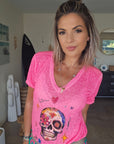 Tee-shirt skull rose fluo