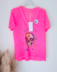 Tee-shirt skull rose fluo