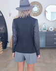 Veste noire bi-matière laine et cuir