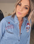 Chemise longue bleue avec inscriptions - 𝐌𝐚𝐫𝐢𝐧𝐚𝟒𝟒𝐟𝐚𝐦𝐢𝐥𝐲