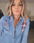 Chemise longue bleue avec inscriptions - 𝐌𝐚𝐫𝐢𝐧𝐚𝟒𝟒𝐟𝐚𝐦𝐢𝐥𝐲