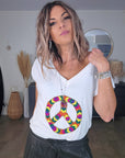 T-shirt blanc muni de perles multicolores peace n'love - 𝐌𝐚𝐫𝐢𝐧𝐚𝟒𝟒𝐟𝐚𝐦𝐢𝐥𝐲