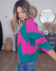 Cardigan à imprimé géométrique rose fuchsia et vert. - 𝐌𝐚𝐫𝐢𝐧𝐚𝟒𝟒𝐟𝐚𝐦𝐢𝐥𝐲