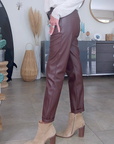 Pantalon simili marron/bordeaux