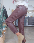 Pantalon simili marron/bordeaux