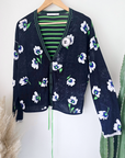 Cardigan bleu marine délavé à imprimé vert fluo - 𝐌𝐚𝐫𝐢𝐧𝐚𝟒𝟒𝐟𝐚𝐦𝐢𝐥𝐲