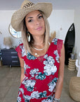 Combi-short rouge à imprimé floral