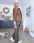 Pantalon palazzo marron à imprimé à carreaux