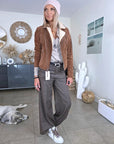 Pantalon palazzo marron à imprimé à carreaux
