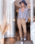 Pantalon jog en cuir beige