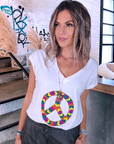 T-shirt blanc muni de perles multicolores peace n'love - 𝐌𝐚𝐫𝐢𝐧𝐚𝟒𝟒𝐟𝐚𝐦𝐢𝐥𝐲