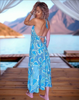 Robe bleue dos nu en soie