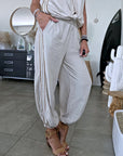 Ensemble beige haut + pantalon à bandes latérales