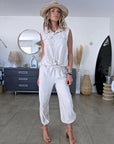 Ensemble beige haut + pantalon à bandes latérales