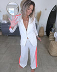 Ensemble veste + Pantalon en lin écru à bandes latérales fluo