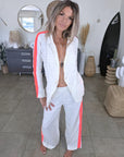 Ensemble veste + Pantalon en lin écru à bandes latérales fluo