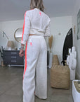 Ensemble veste + Pantalon en lin écru à bandes latérales fluo