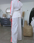 Ensemble veste + Pantalon en lin écru à bandes latérales fluo