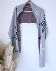 Cardigan + écharpe tags
