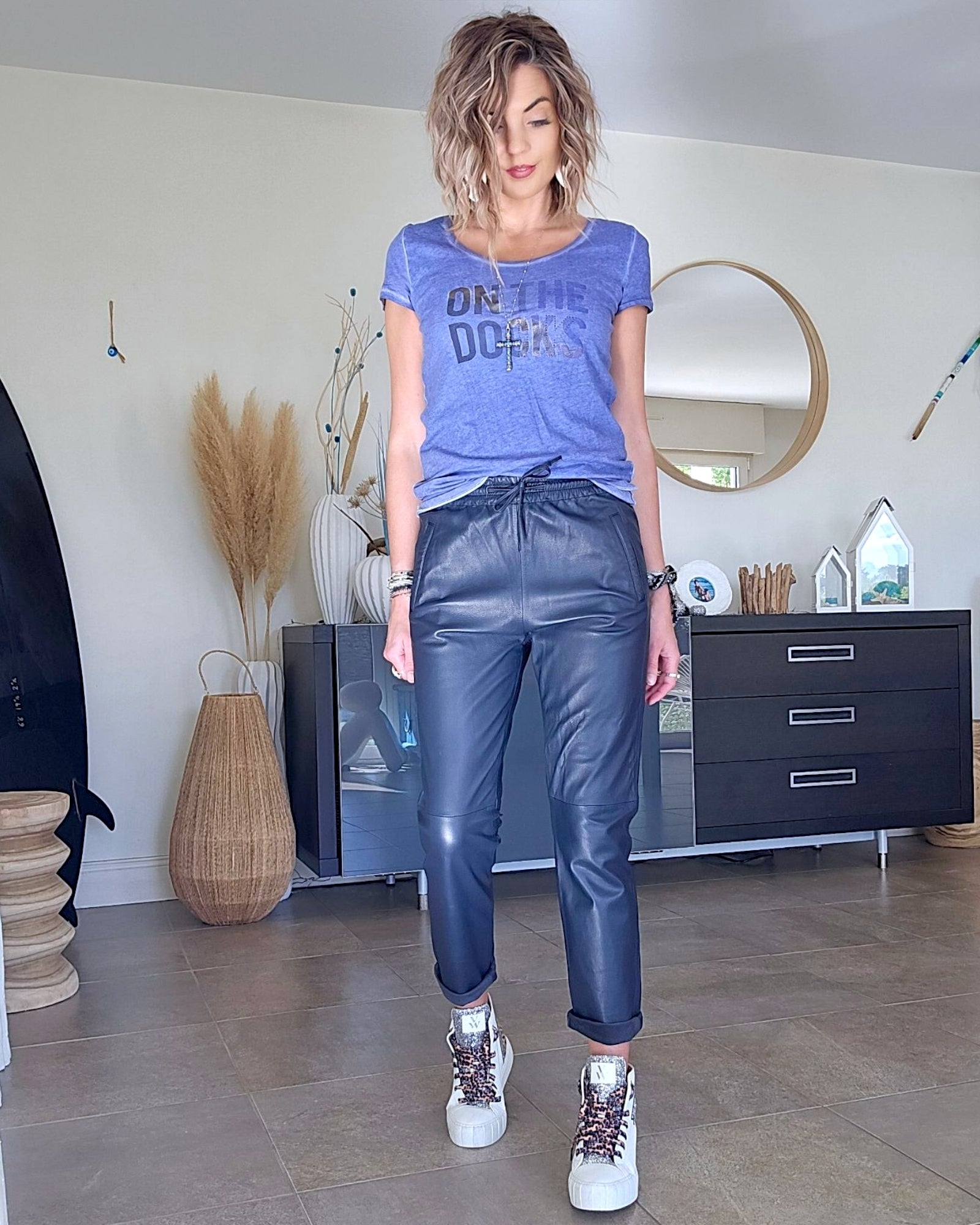 Pantalon jogg marin cuir
