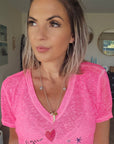 Tee-shirt skull rose fluo