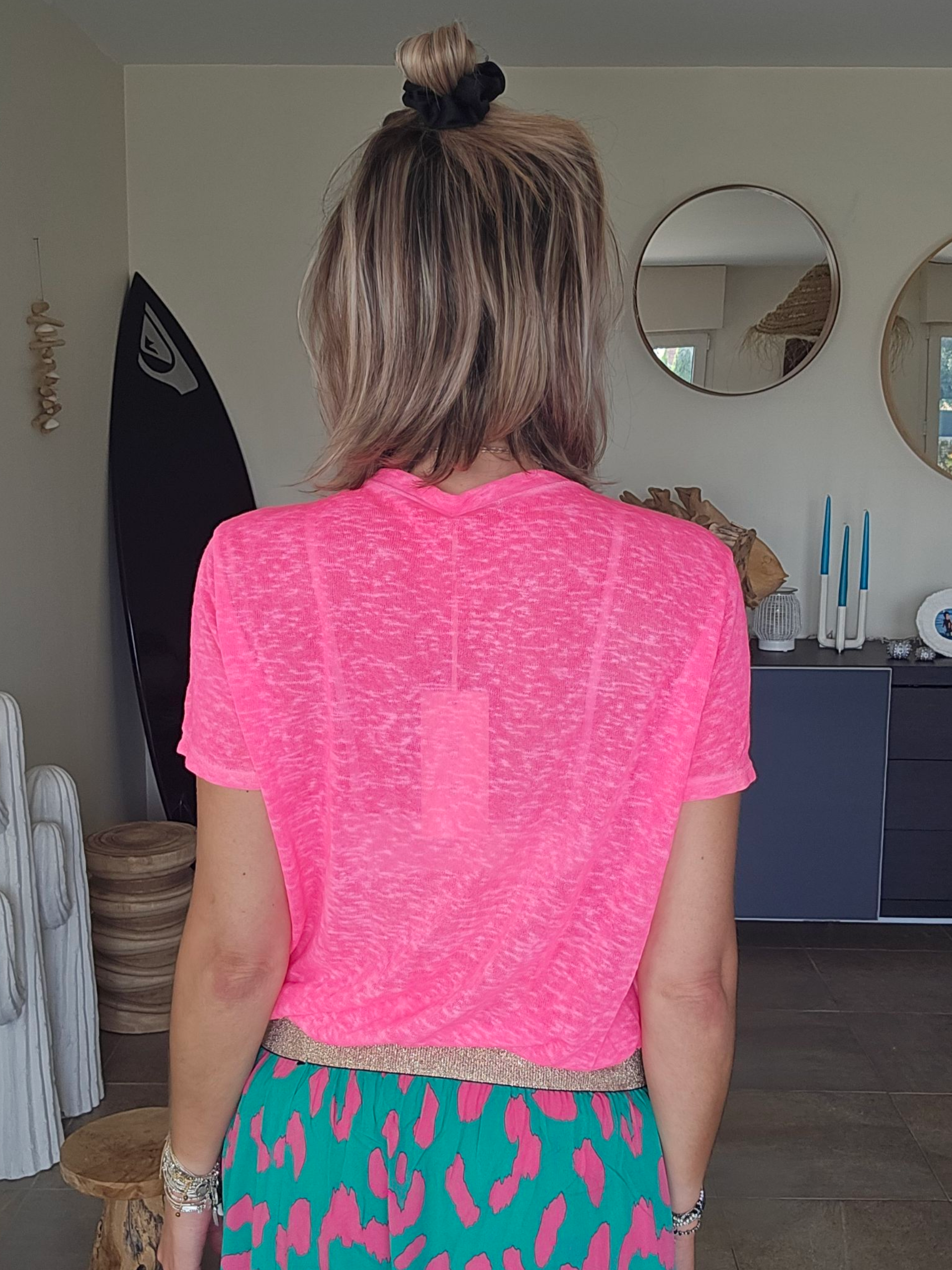 Tee-shirt skull rose fluo