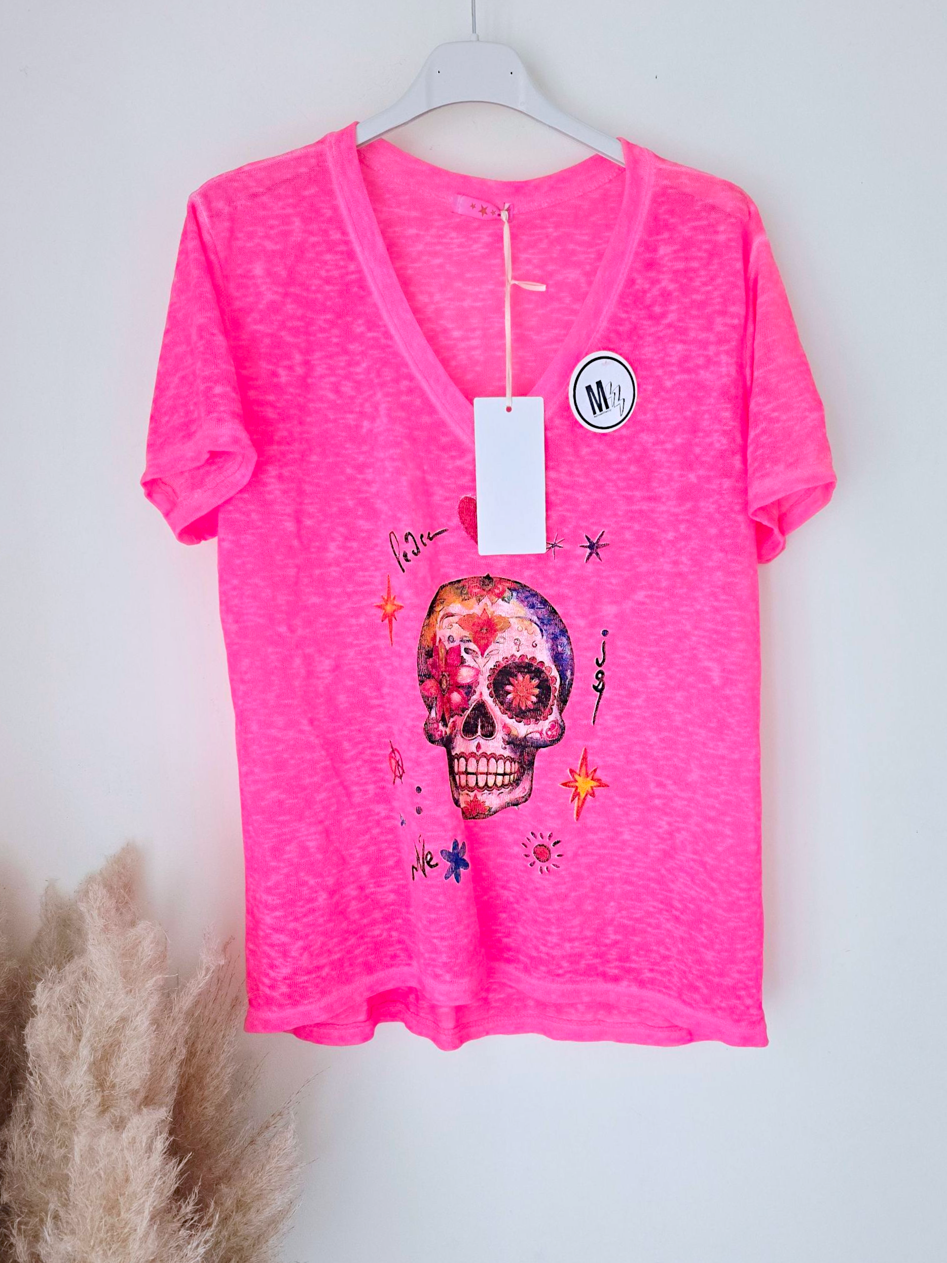 Tee-shirt skull rose fluo