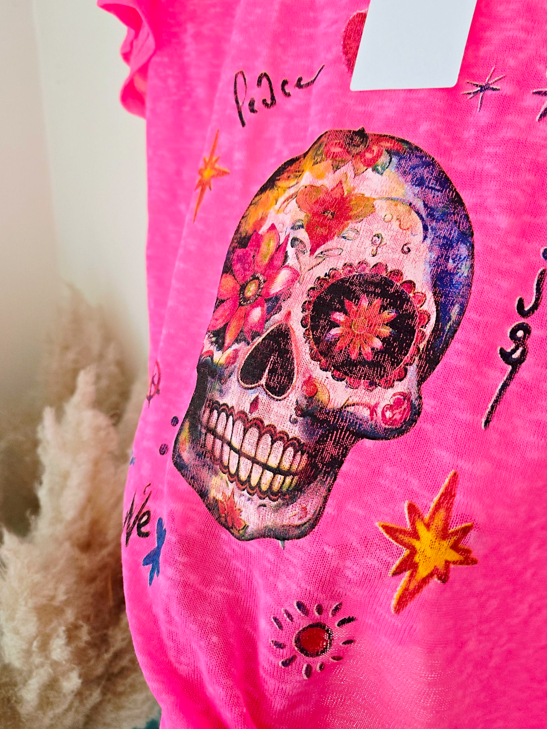 Tee-shirt skull rose fluo