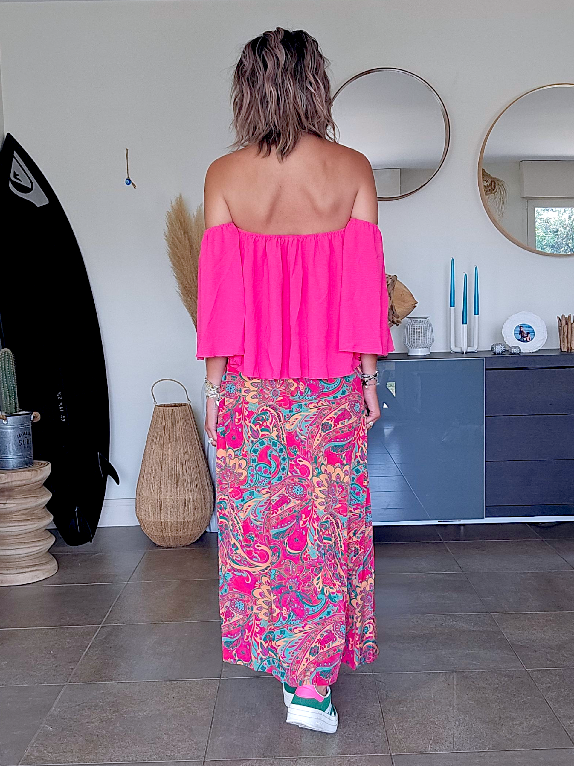 Blouse fuchsia épaules dénudées