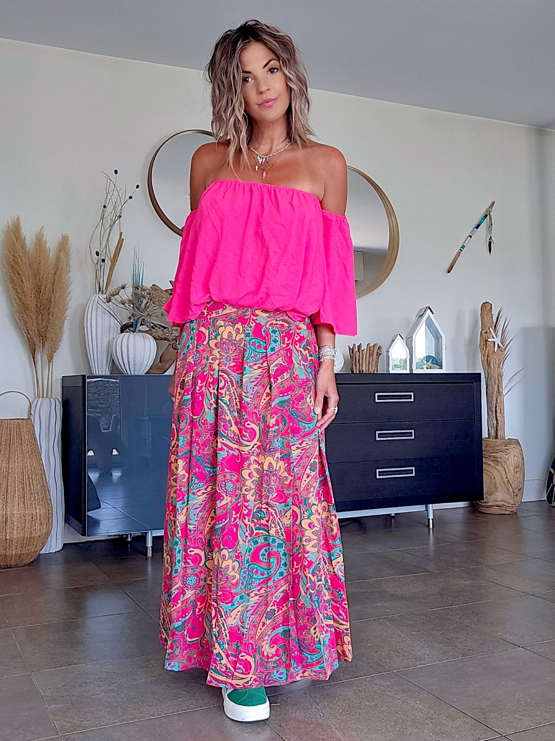 Blouse fuchsia épaules dénudées