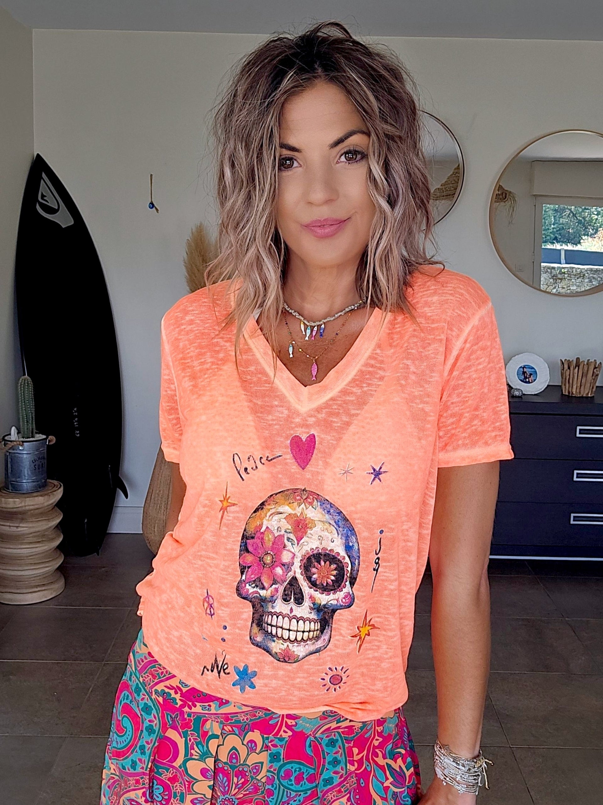 T-shirt skull orange fluo