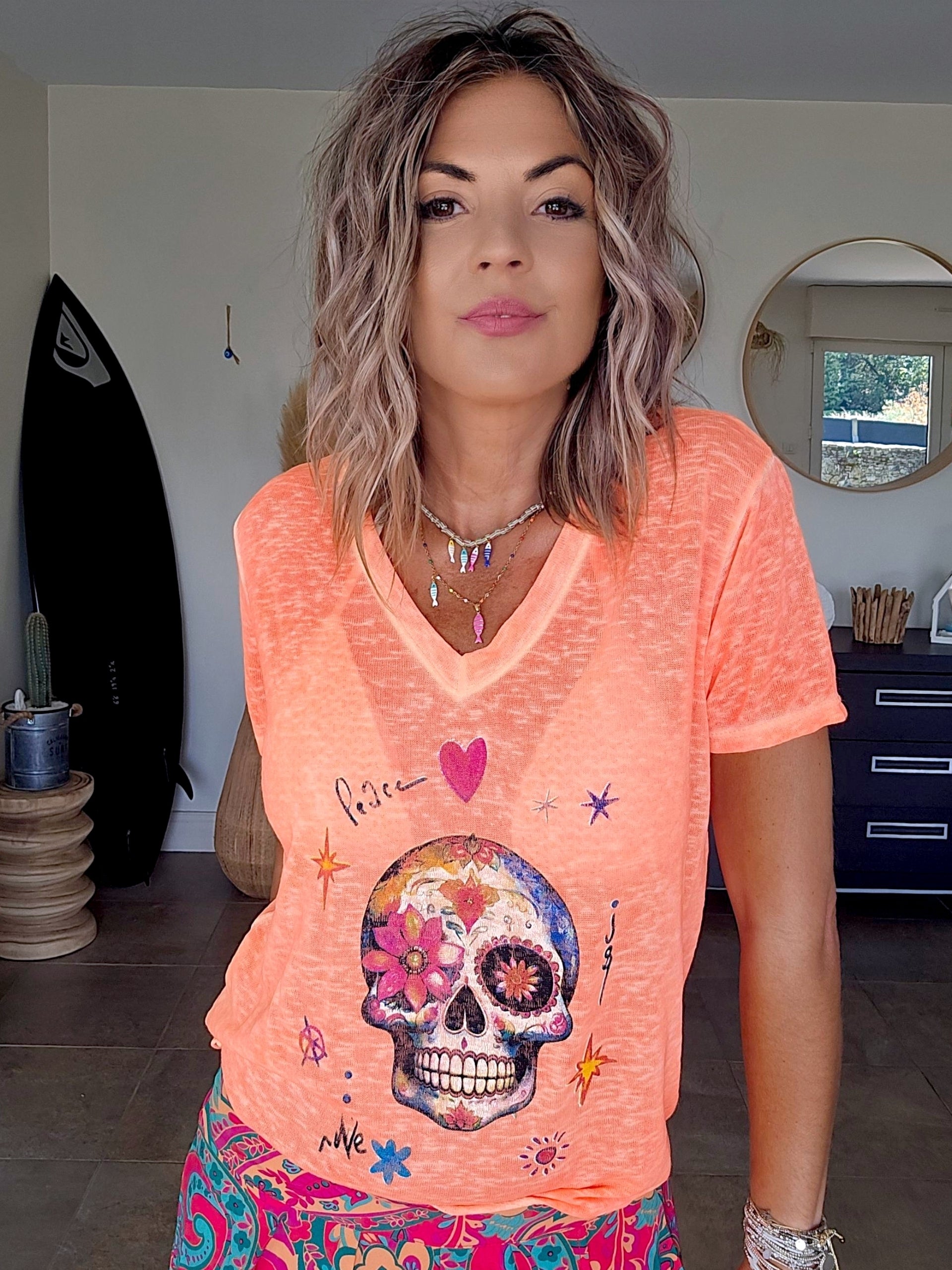 T-shirt skull orange fluo