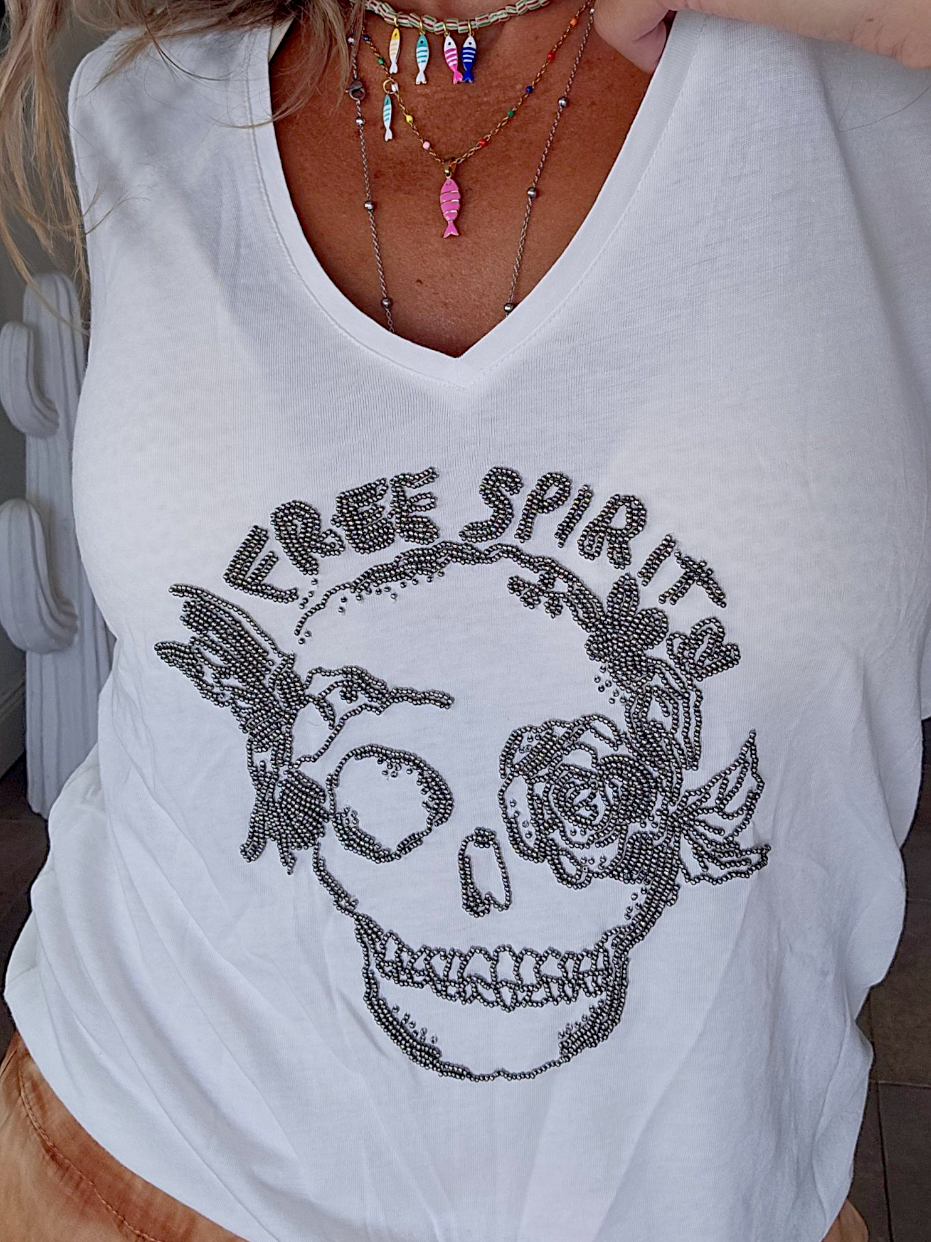 Tee-shirt blanc skull perles bijoux