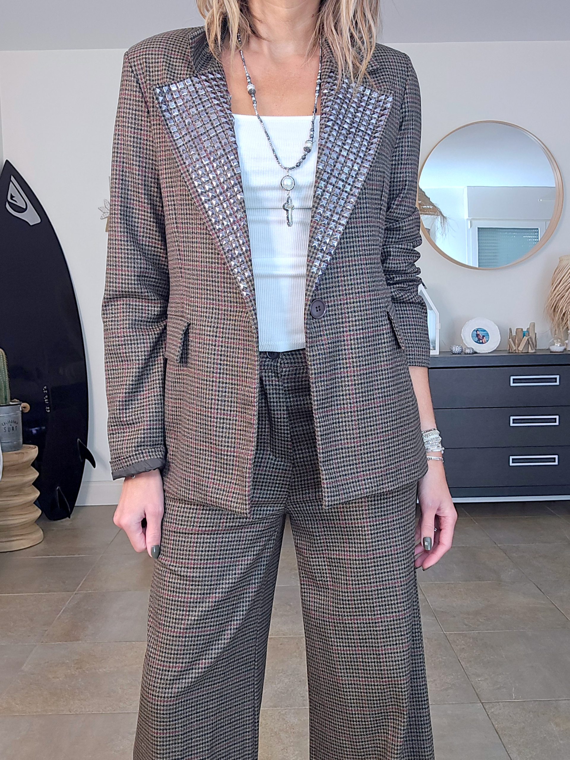 Veste marron à imprimé pied-de-poule.