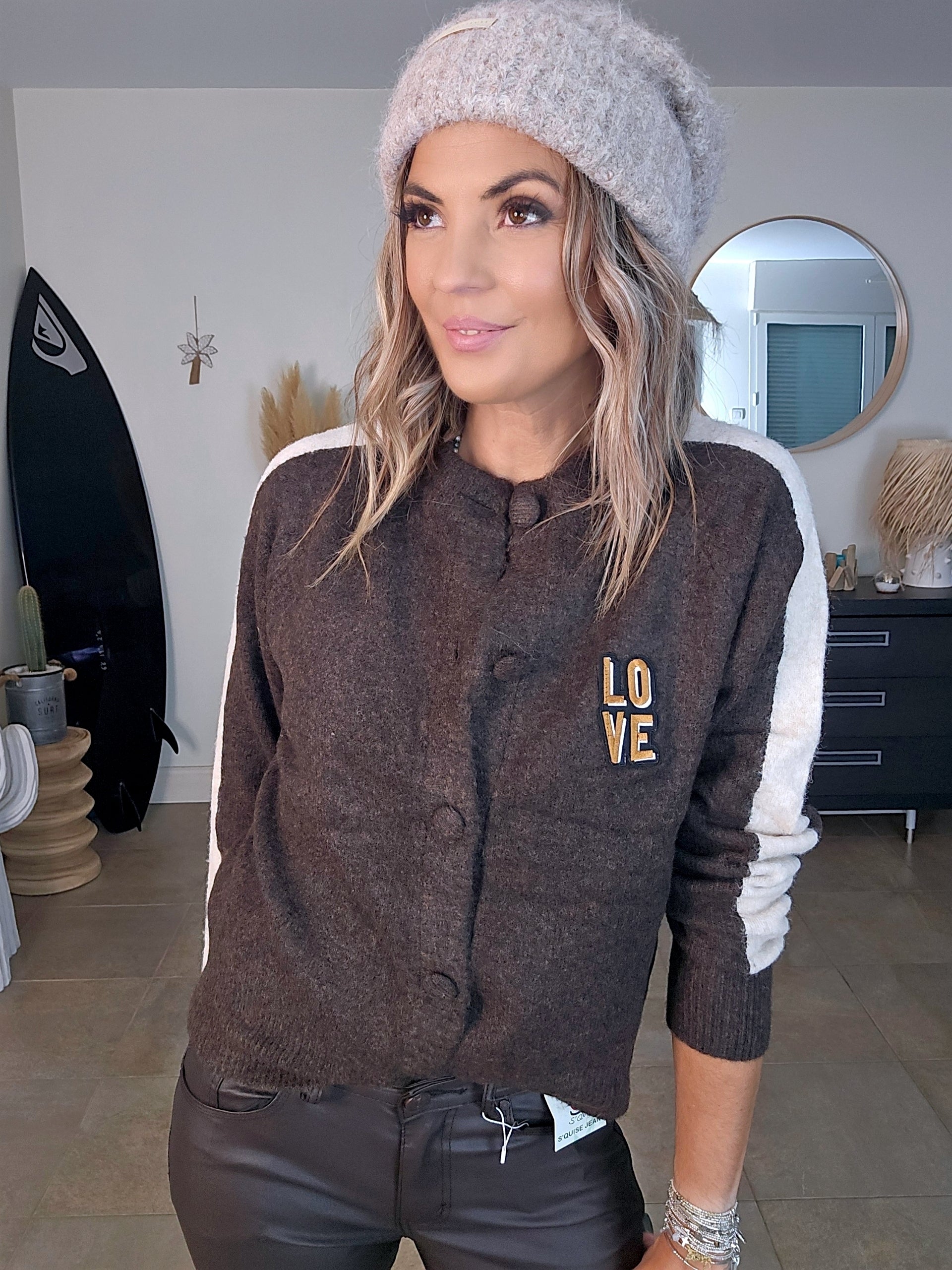 Cardigan love marron