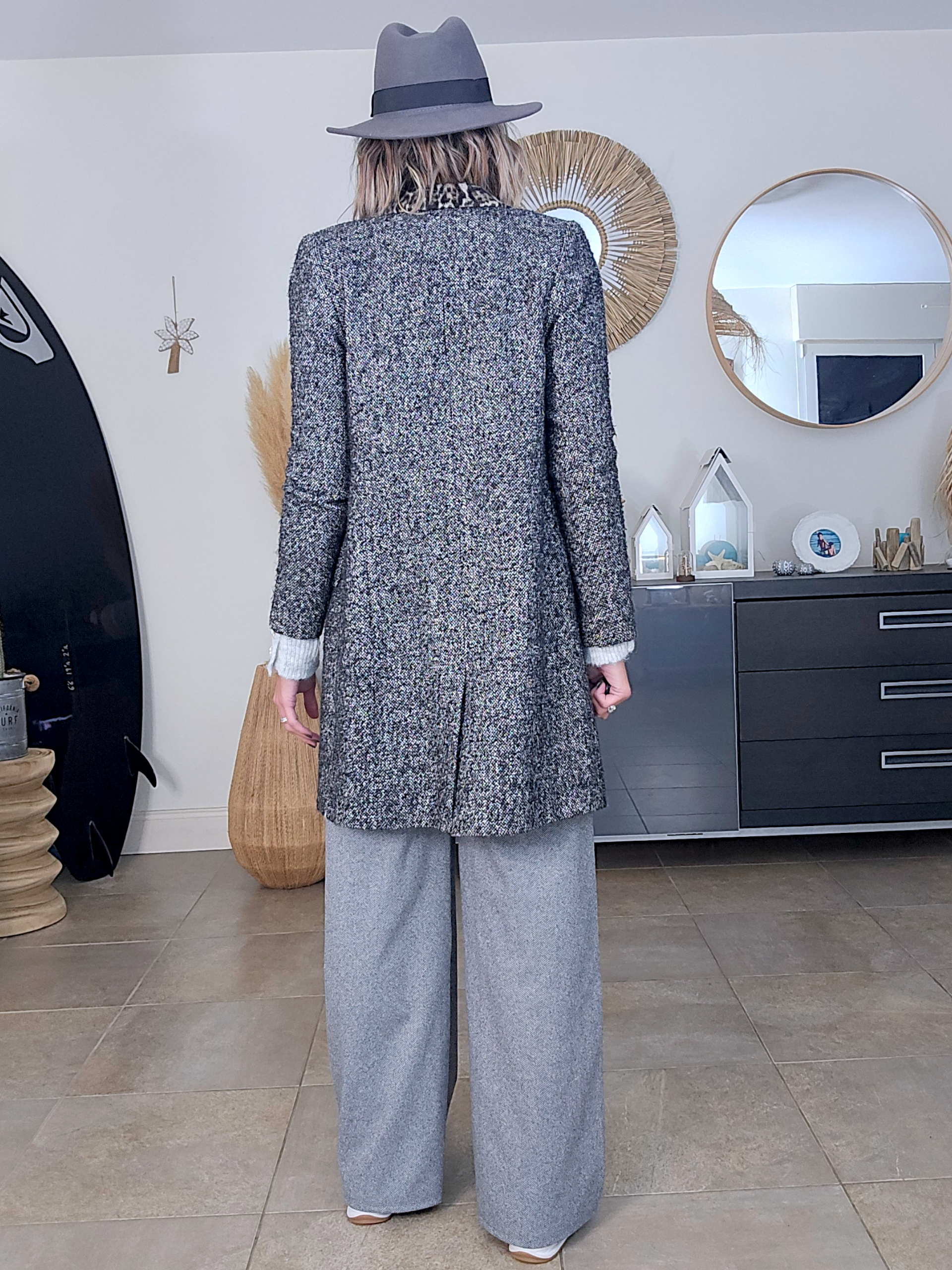 Manteau tweed col léopard