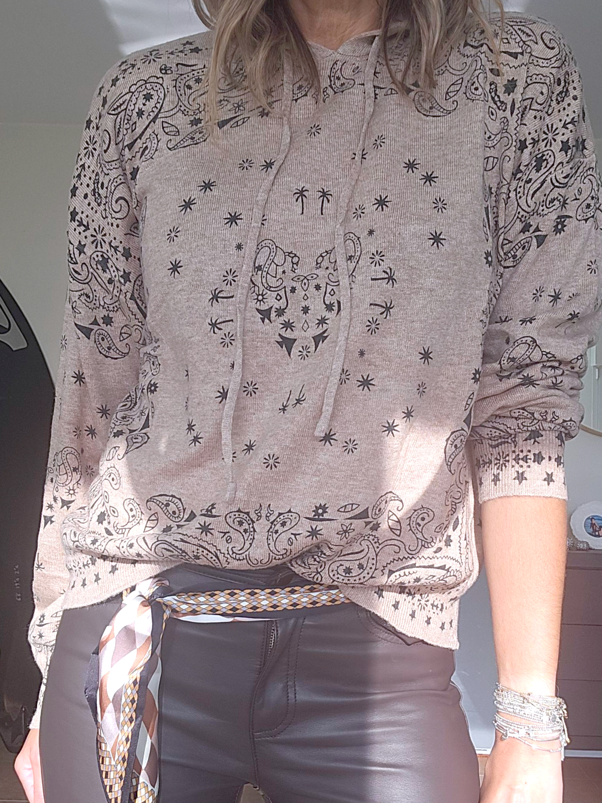 Pull capuche beige marron