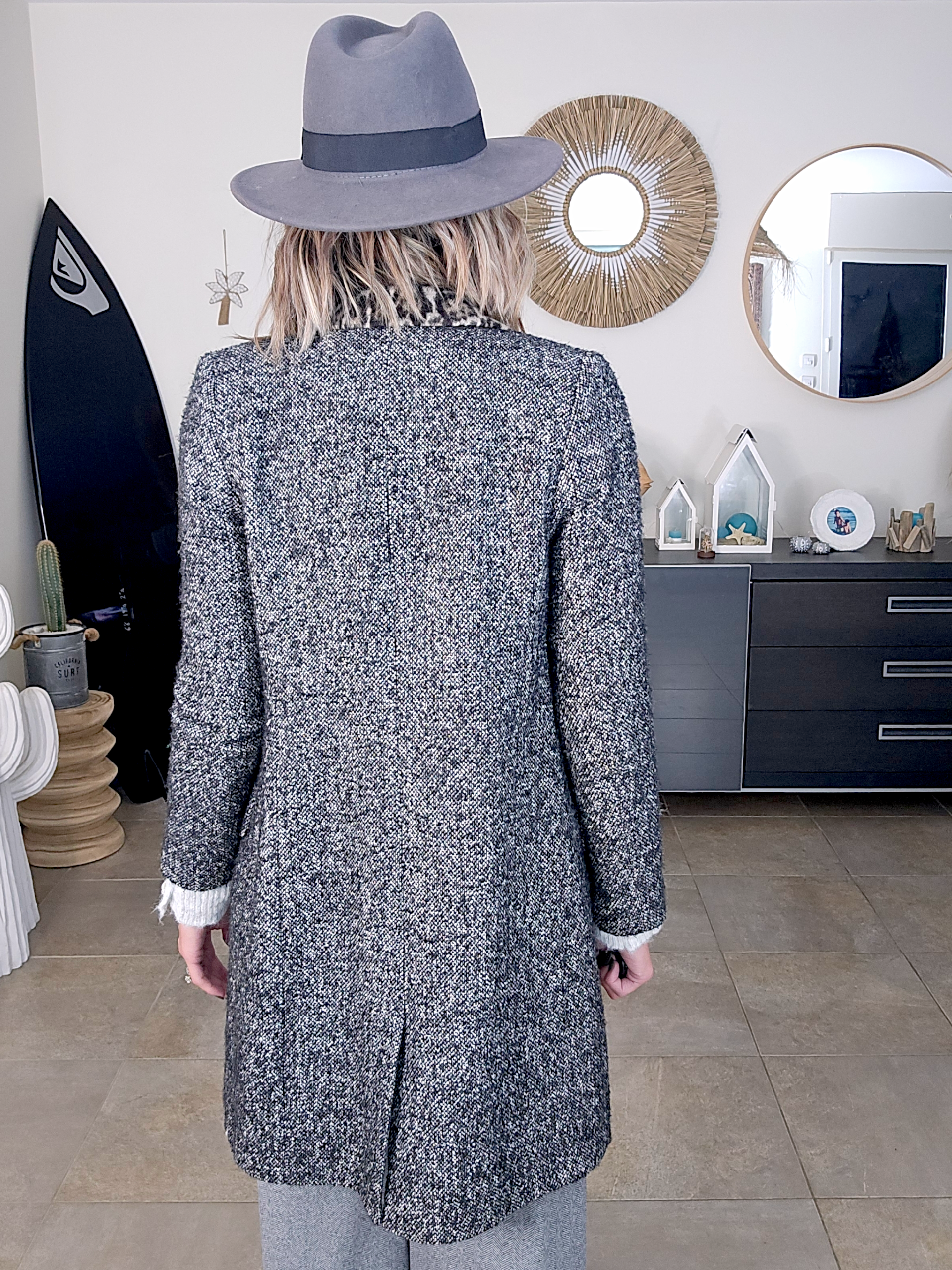 Manteau tweed col léopard