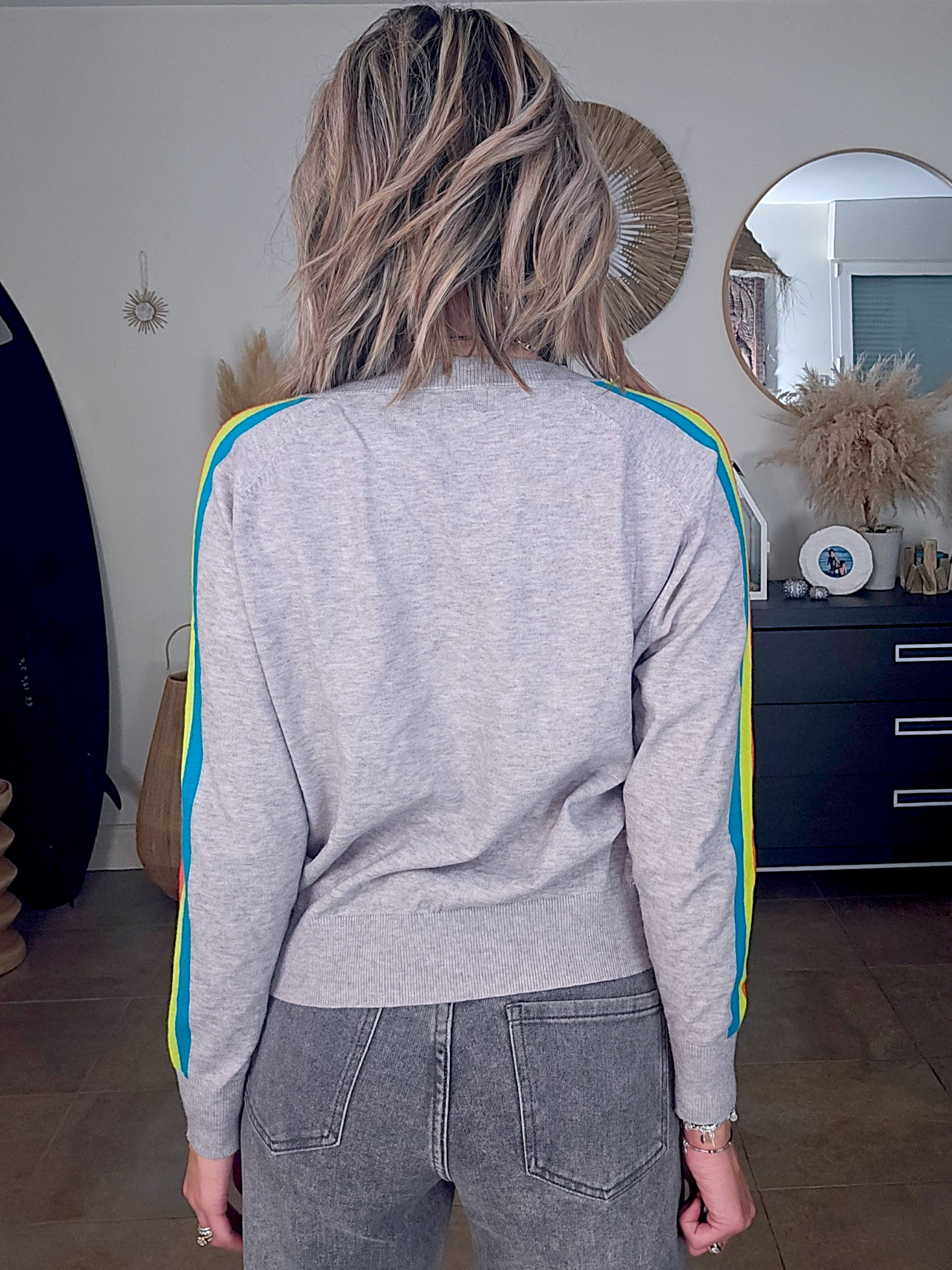 Pull gris clair à bandes latérales arc-en-ciel - 𝐌𝐚𝐫𝐢𝐧𝐚𝟒𝟒𝐟𝐚𝐦𝐢𝐥𝐲
