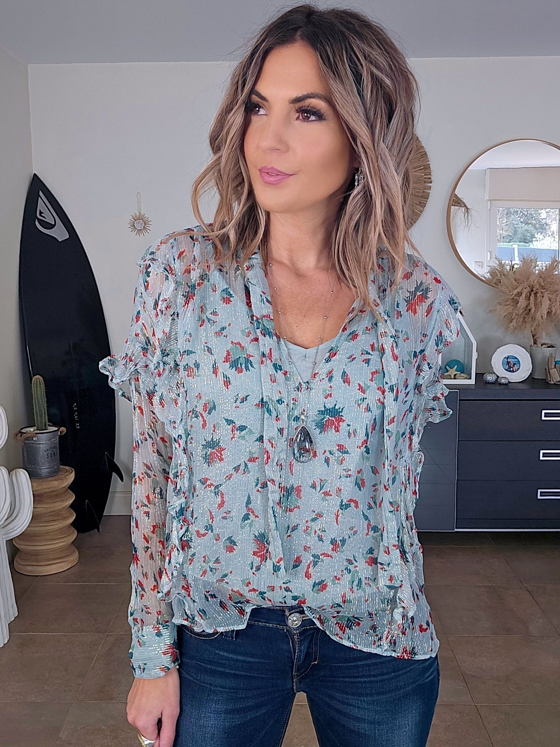 Blouse vert d'eau à imprimé fleuri - 𝐌𝐚𝐫𝐢𝐧𝐚𝟒𝟒𝐟𝐚𝐦𝐢𝐥𝐲