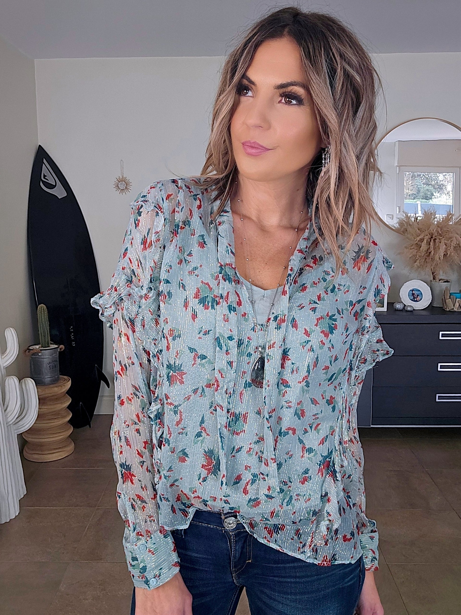Blouse vert d'eau à imprimé fleuri - 𝐌𝐚𝐫𝐢𝐧𝐚𝟒𝟒𝐟𝐚𝐦𝐢𝐥𝐲