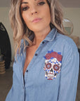 Chemise longue bleue avec inscriptions - 𝐌𝐚𝐫𝐢𝐧𝐚𝟒𝟒𝐟𝐚𝐦𝐢𝐥𝐲