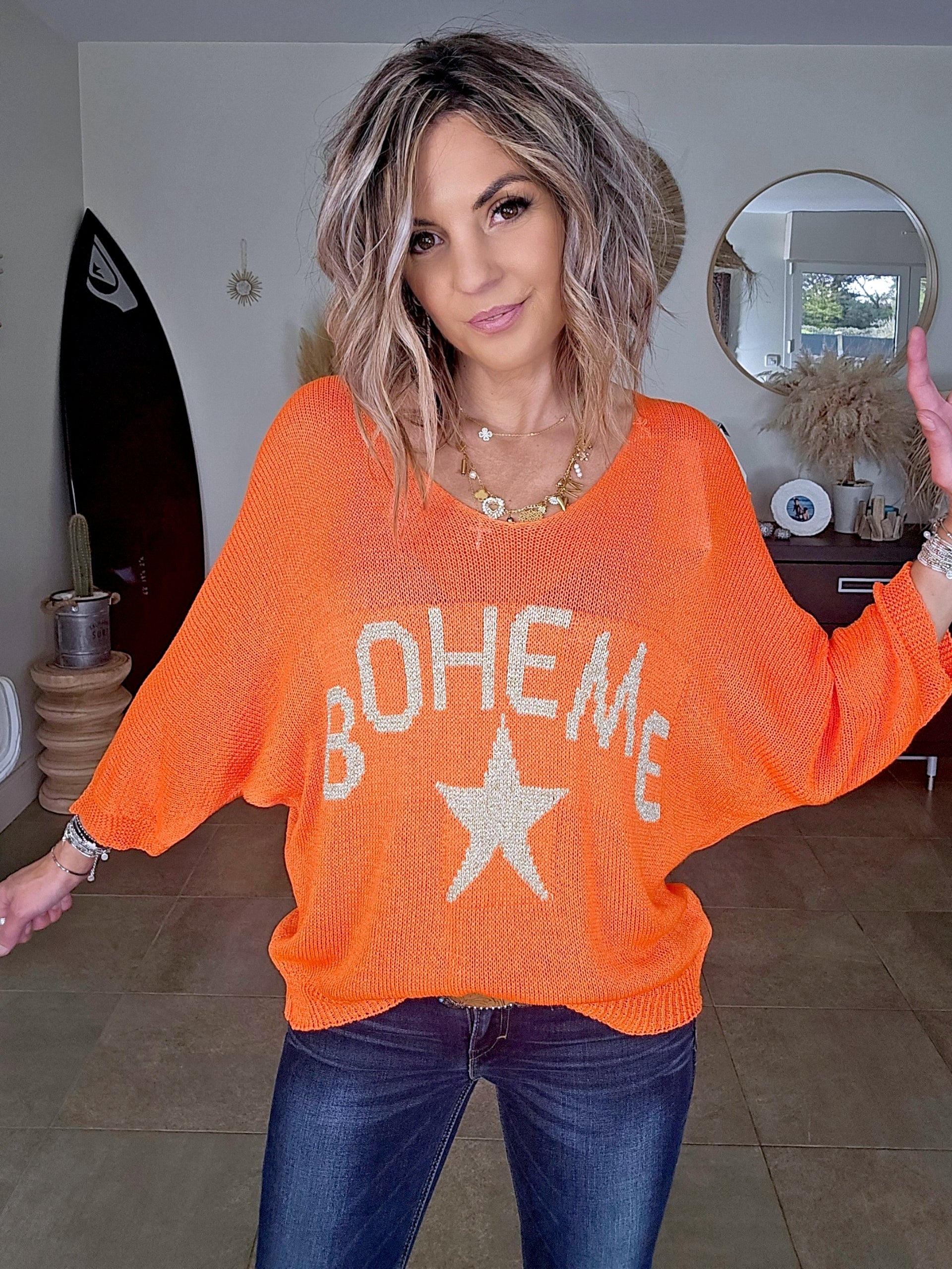 Pull orange fluo bohème - 𝐌𝐚𝐫𝐢𝐧𝐚𝟒𝟒𝐟𝐚𝐦𝐢𝐥𝐲