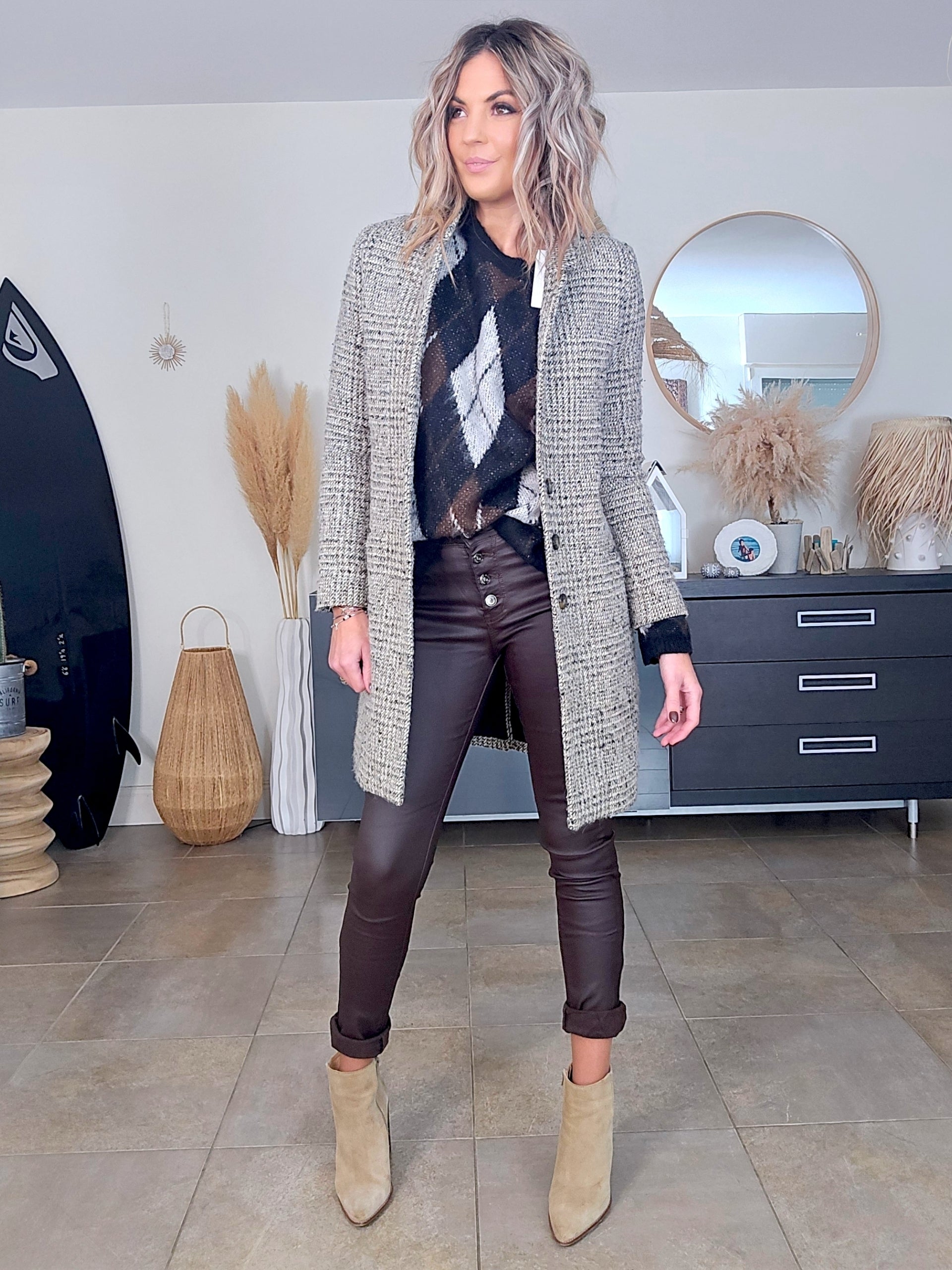 Pantalon slim huilé marron-prune - 𝐌𝐚𝐫𝐢𝐧𝐚𝟒𝟒𝐟𝐚𝐦𝐢𝐥𝐲