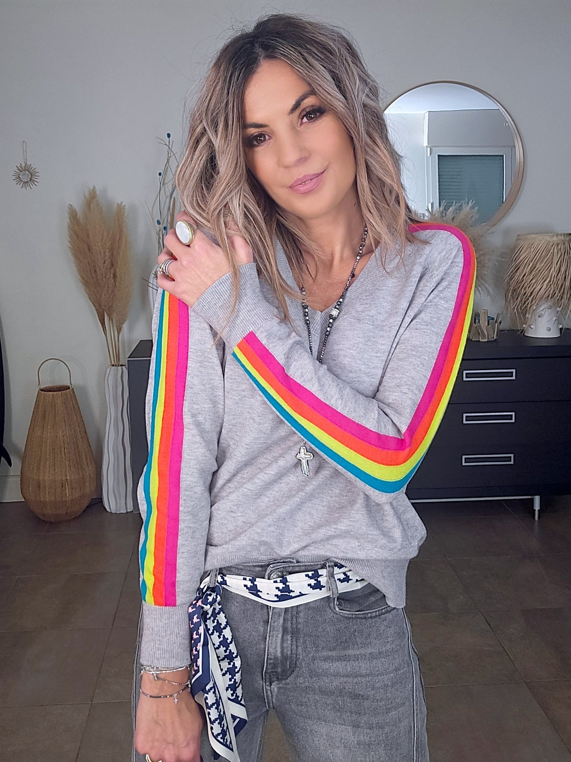 Pull gris clair à bandes latérales arc-en-ciel - 𝐌𝐚𝐫𝐢𝐧𝐚𝟒𝟒𝐟𝐚𝐦𝐢𝐥𝐲