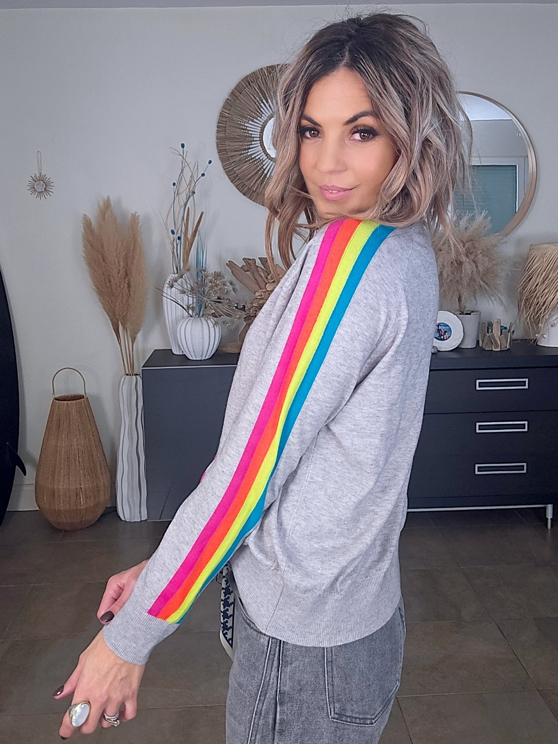 Pull gris clair à bandes latérales arc-en-ciel - 𝐌𝐚𝐫𝐢𝐧𝐚𝟒𝟒𝐟𝐚𝐦𝐢𝐥𝐲