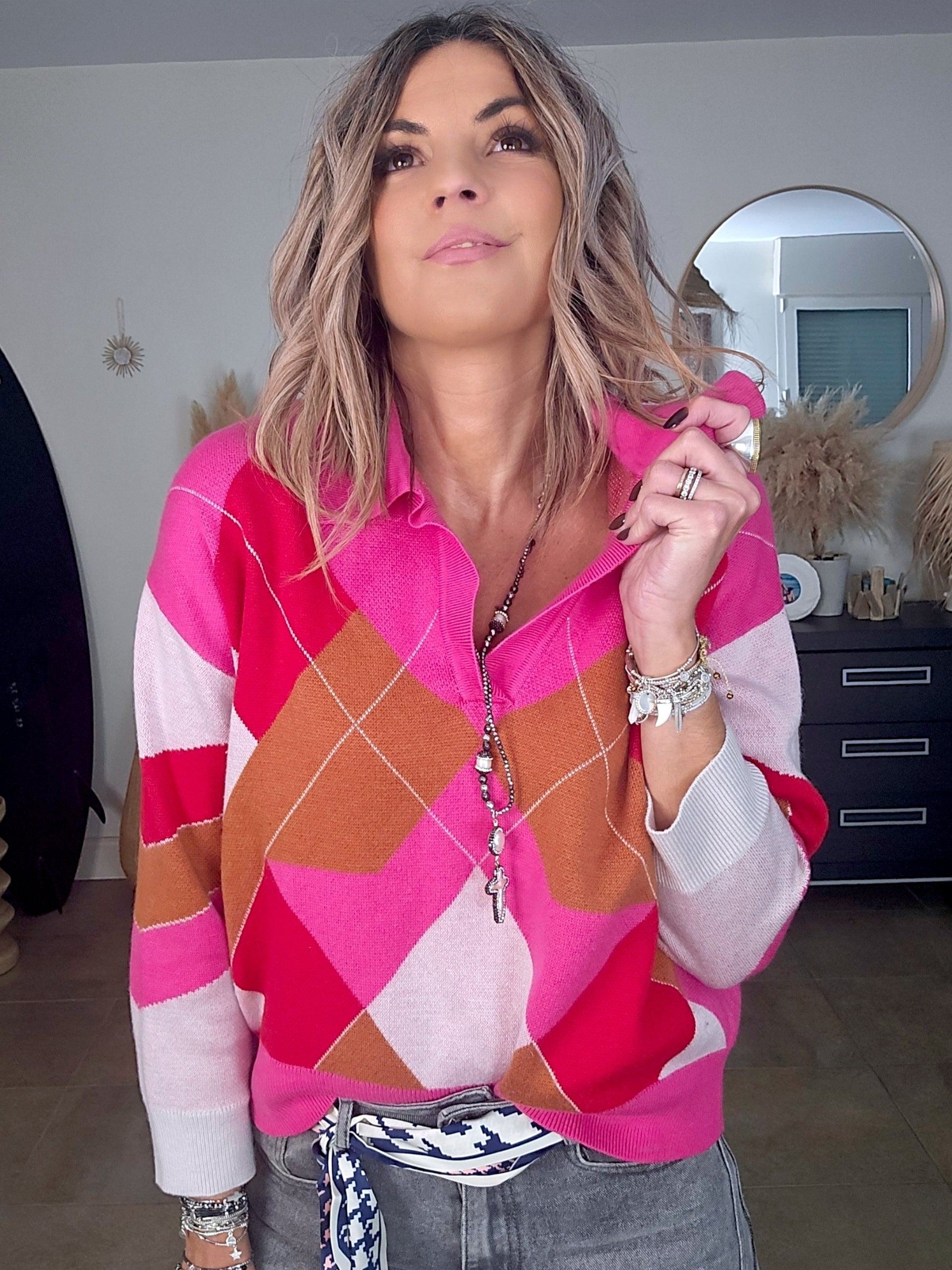 Pull damiers rose - 𝐌𝐚𝐫𝐢𝐧𝐚𝟒𝟒𝐟𝐚𝐦𝐢𝐥𝐲