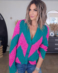 Cardigan à imprimé géométrique rose fuchsia et vert. - 𝐌𝐚𝐫𝐢𝐧𝐚𝟒𝟒𝐟𝐚𝐦𝐢𝐥𝐲